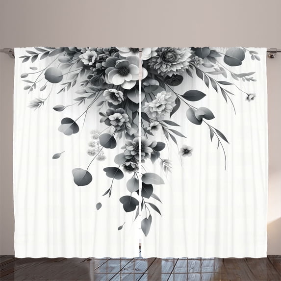 Ambesonne Black and White Curtains 2 Panel Set, Eucalyptus Bouquet, 108" x 108", White Grey