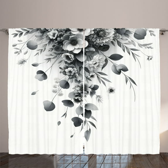 Ambesonne Black and White Curtains 2 Panel Set, Eucalyptus Bouquet, 108" x 84", White Grey