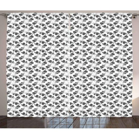 Ambesonne Black and White Curtains 2 Panel Set, Romantic Botany, 108" x 108", Black and White