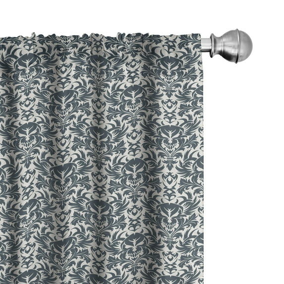 Ambesonne Black and White Curtains, Skull in Flora, Pair of 28"x95", Charcoal Grey and White