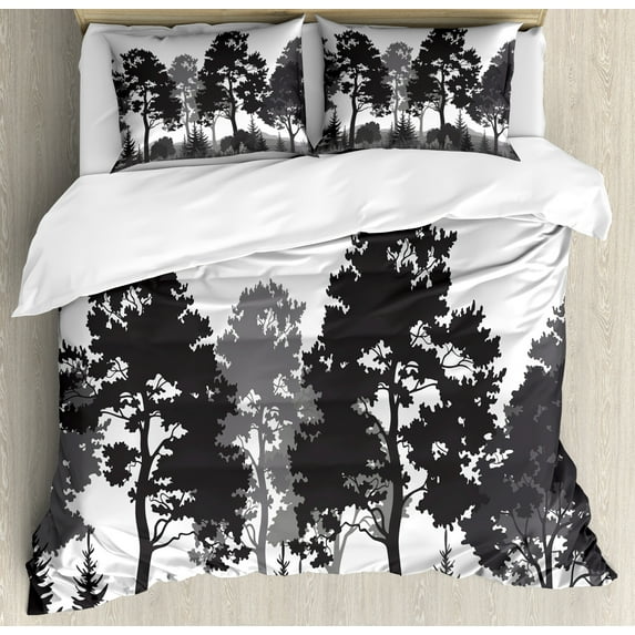 Ambesonne Black and White Duvet Cover Set, Summer Forest, 2-Calking, Grey White Charcoal Grey