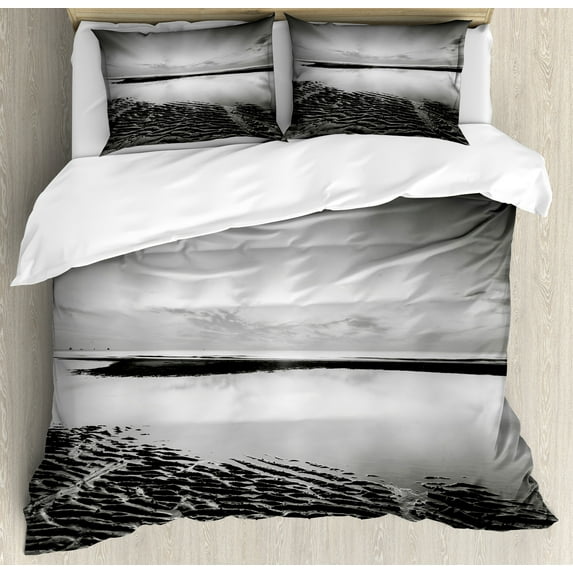 Ambesonne Black and White Duvet Cover Sets, Idyllic Sunrise, 2-Queen, Black White Grey