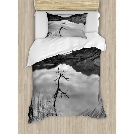 Ambesonne Black and White Duvet Cover Sets, Tranquil Lake, 2-Twin, Black White Grey