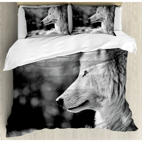 Ambesonne Black and White Duvet Cover Sets, Wolf Portrait, 2-Queen, Pale Grey