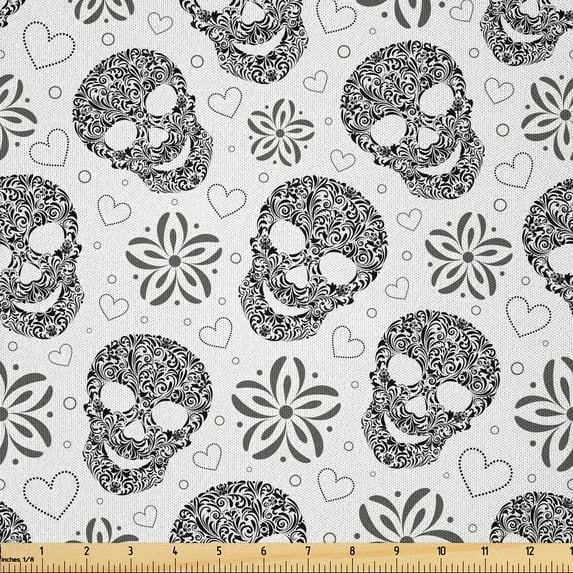 Ambesonne Black and White Fabric by the Yard Microfiber, Abstract Skulls, 10 Yards, White and Black
