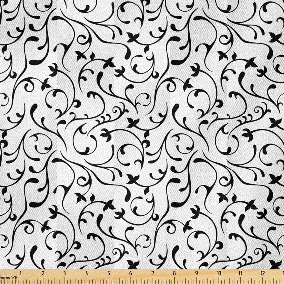 Ambesonne Black and White Fabric by the Yard Microfiber, Vintage Spring, 2 Yards, Coconut Black