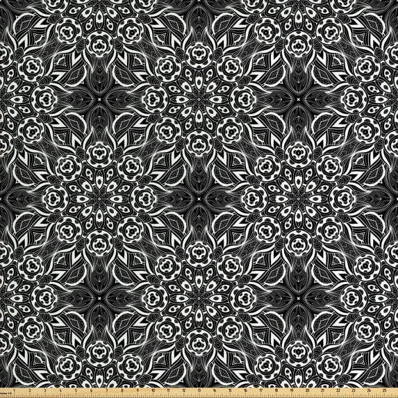 Ambesonne Black and White Fabric by the Yard Upholstery, Leaf Composition, 3 Yards, Black White