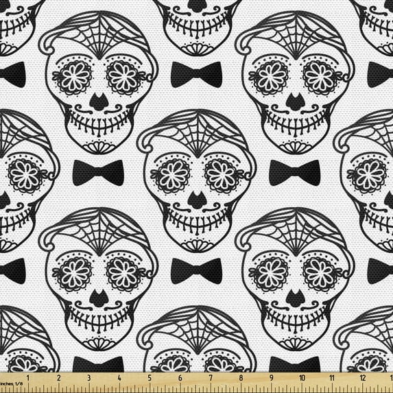 Ambesonne Black and White Fabric by the Yard Upholstery, Skull and Bow Tie, 3 Yards, Charcoal Grey