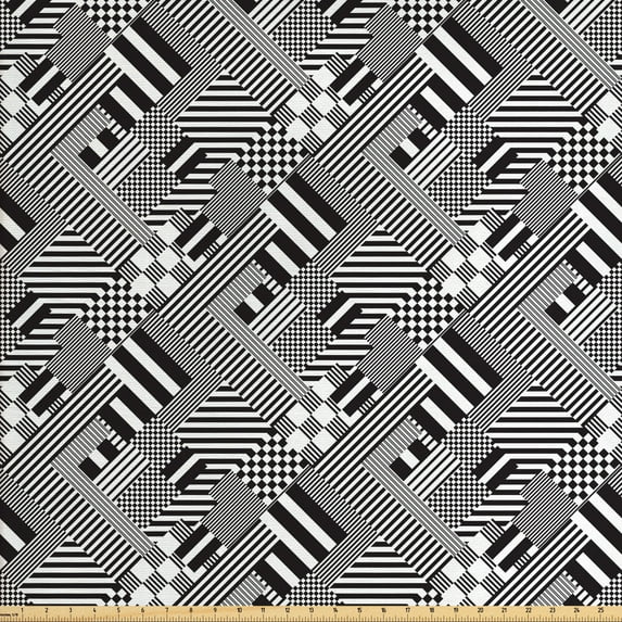 Ambesonne Black and White Fabric by the Yard Upholstery, Stripes Sqaures, 3 Yards, Black White