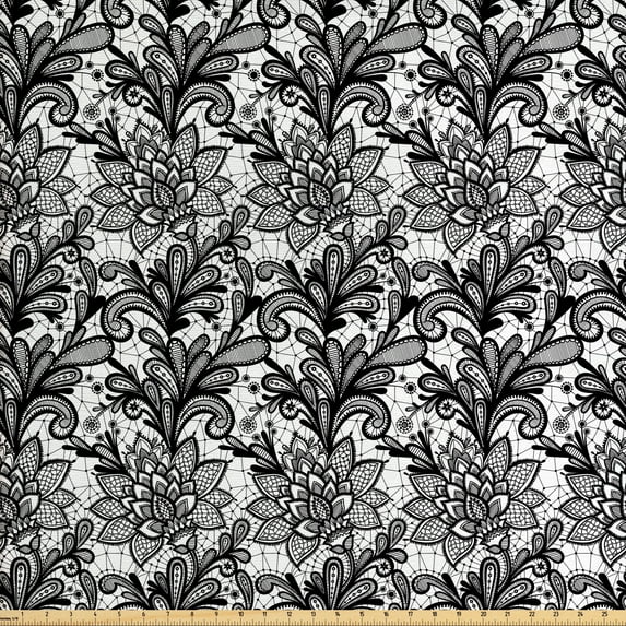 Ambesonne Black and White Fabric by the Yard Upholstery, Victorian Lace, 5 Yards, Black White