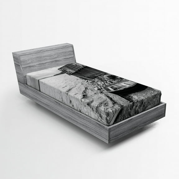 Ambesonne Black and White Fitted Sheet, Fishing Boat, Twin Size, Grey