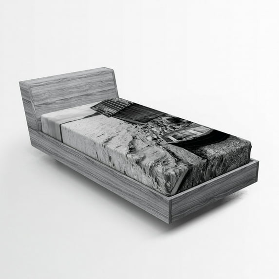 Ambesonne Black and White Fitted Sheet, Fishing Boat, Twin XL Size, Grey