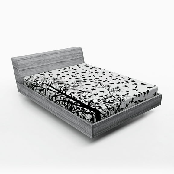 Ambesonne Black and White Fitted Sheet, Flying Birds Tree, Queen Size, Black White