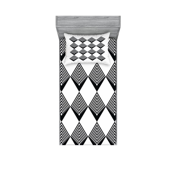 Ambesonne Black and White Fitted Sheet & Pillow Sham Set, Art Deco Squares, Twin, Black and White