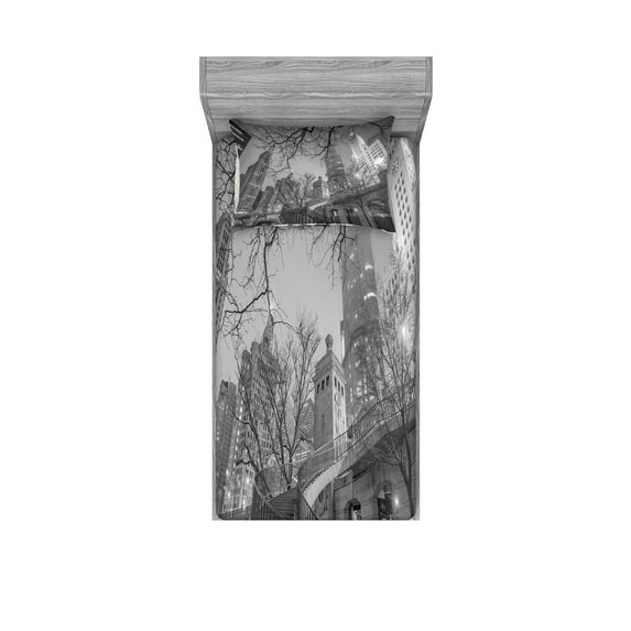 Ambesonne Black and White Fitted Sheet & Pillow Sham Set, Chicago City, Twin, Grey Black White