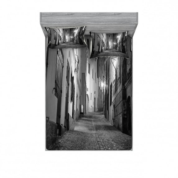 Ambesonne Black and White Fitted Sheet & Pillow Sham Set, Dark Alleyway, Full, Black and White