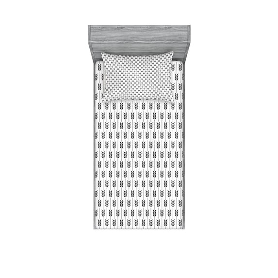 Ambesonne Black and White Fitted Sheet & Pillow Sham Set, Dots Foliage Leaves, Twinxl, White and Black