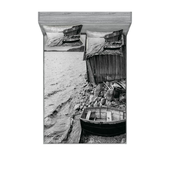 Ambesonne Black and White Fitted Sheet & Pillow Sham Set, Fishing Boat, Full, Grey