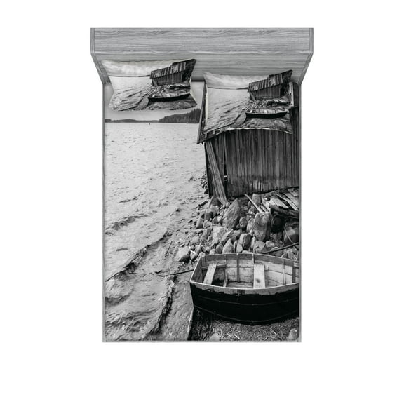 Ambesonne Black and White Fitted Sheet & Pillow Sham Set, Fishing Boat, Queen, Grey