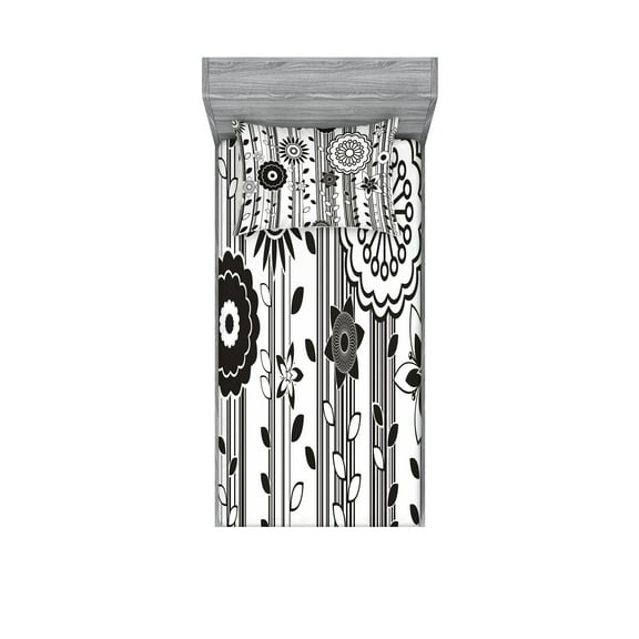 Ambesonne Black and White Fitted Sheet & Pillow Sham Set, Funky Blossoms, Twin, Black and White