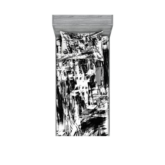 Ambesonne Black and White Fitted Sheet & Pillow Sham Set, Grunge Art, Twin, White Black and Grey