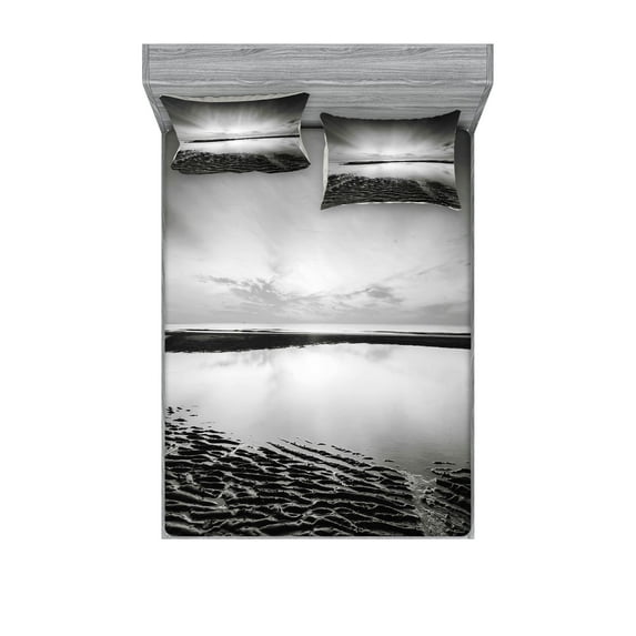 Ambesonne Black and White Fitted Sheet & Pillow Sham Set, Idyllic Sunrise, Full, Black White Grey