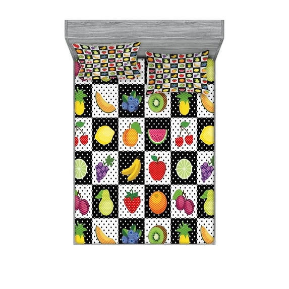 Ambesonne Black and White Fitted Sheet & Pillow Sham Set, Kitchen Fruits, Full, Multicolor