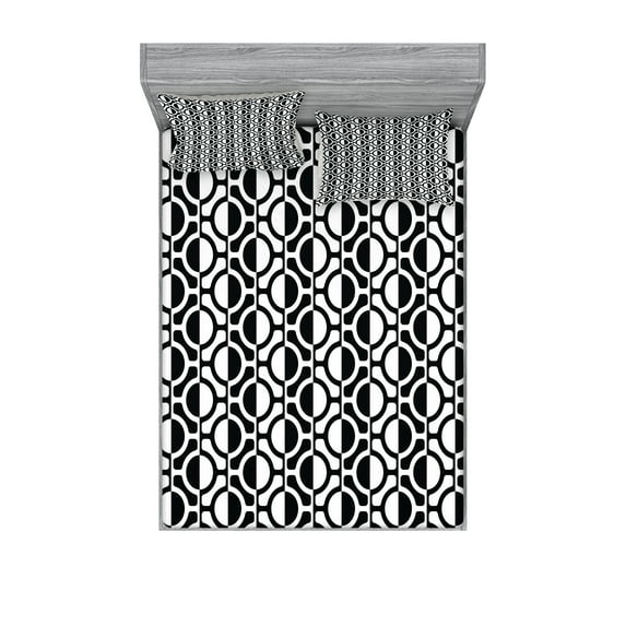 Ambesonne Black and White Fitted Sheet & Pillow Sham Set, Lattice Pattern, Full, Black White