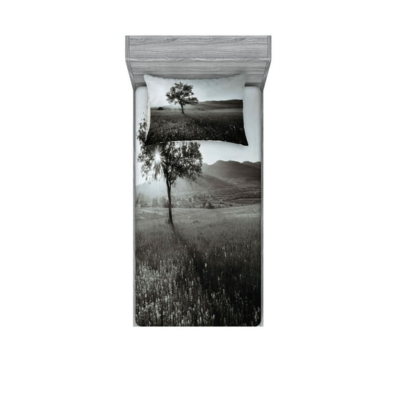 Ambesonne Black and White Fitted Sheet & Pillow Sham Set, Lonely Tree, Twin, Pale Grey