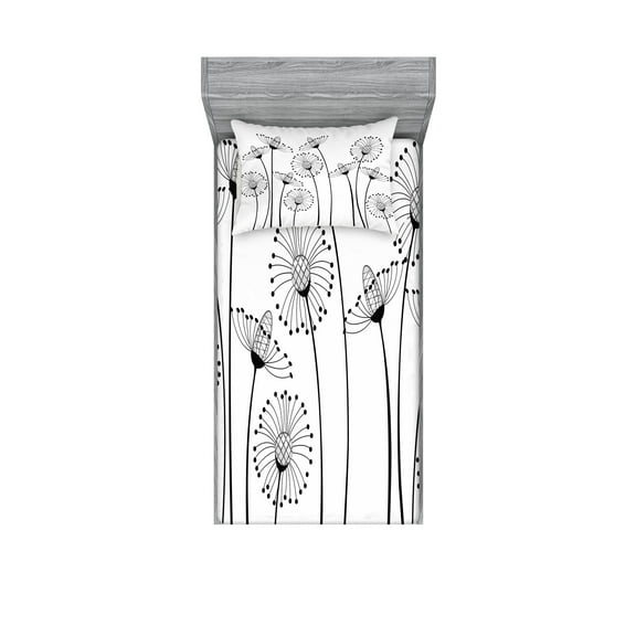 Ambesonne Black and White Fitted Sheet & Pillow Sham Set, Meadows, Twin, Black White