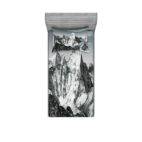 Ambesonne Black and White Fitted Sheet & Pillow Sham Set, Mountain Peaks, Twinxl, Black White Grey