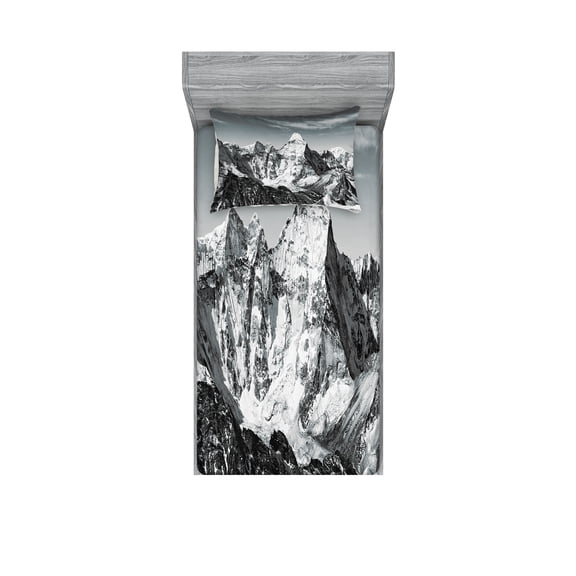 Ambesonne Black and White Fitted Sheet & Pillow Sham Set, Mountain Peaks, Twinxl, Black White Grey