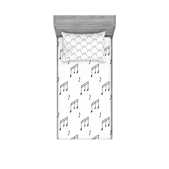 Ambesonne Black and White Fitted Sheet & Pillow Sham Set, Musical Notes, Twinxl, Charcoal Grey