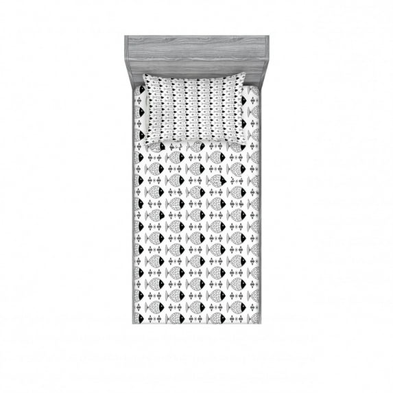 Ambesonne Black and White Fitted Sheet & Pillow Sham Set, Ocean Sea Life, Twin, Black and White