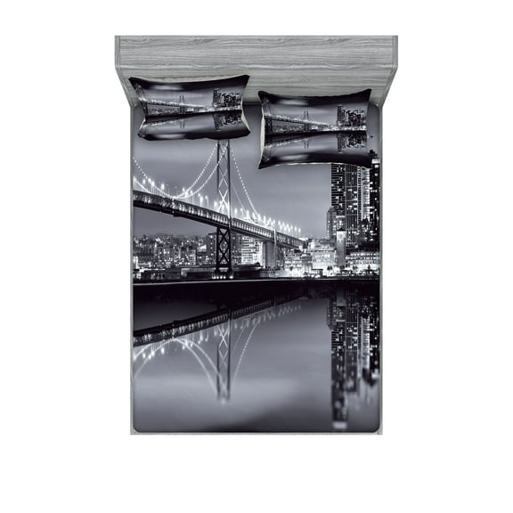 Ambesonne Black and White Fitted Sheet & Pillow Sham Set, Panorama View, Queen, Dark Green