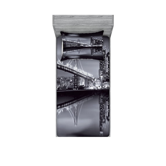 Ambesonne Black and White Fitted Sheet & Pillow Sham Set, Panorama View, Twinxl, Dark Green