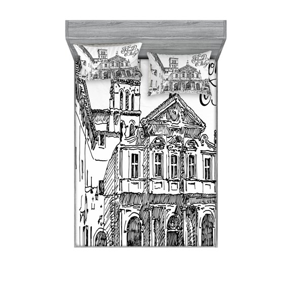 Ambesonne Black and White Fitted Sheet & Pillow Sham Set, Scenery of Rome, Full, Black and White