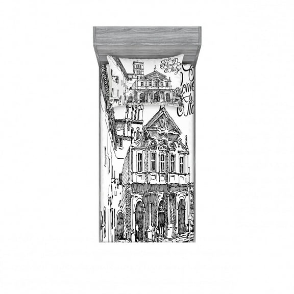 Ambesonne Black and White Fitted Sheet & Pillow Sham Set, Scenery of Rome, Twin, Black and White