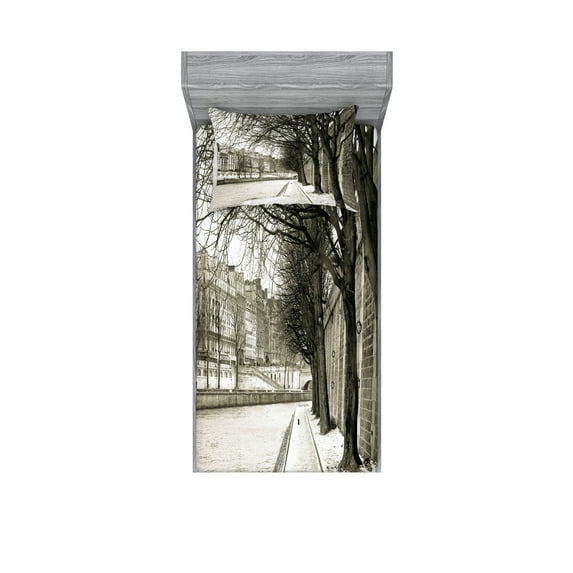 Ambesonne Black and White Fitted Sheet & Pillow Sham Set, Seine River, Twin, Black White Grey