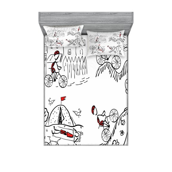 Ambesonne Black and White Fitted Sheet & Pillow Sham Set, Sketchy Cyclist, Full, Black White and Red