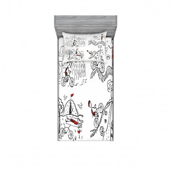 Ambesonne Black and White Fitted Sheet & Pillow Sham Set, Sketchy Cyclist, Twinxl, Black White and Red