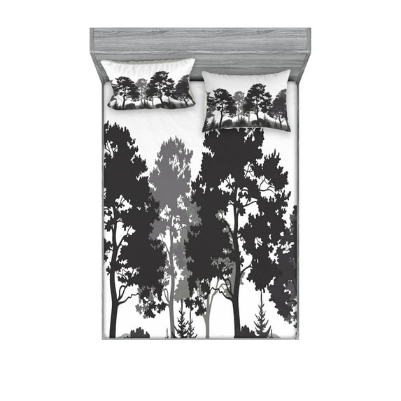 Ambesonne Black and White Fitted Sheet & Pillow Sham Set, Summer Forest, Full, Grey White Charcoal Grey