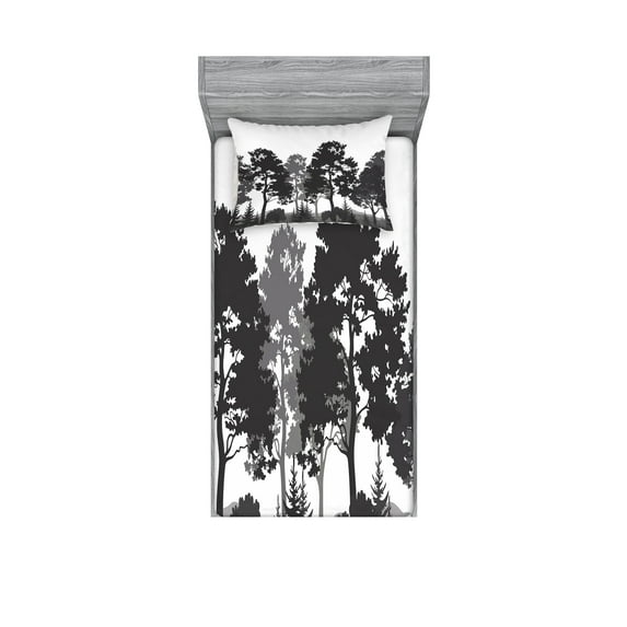 Ambesonne Black and White Fitted Sheet & Pillow Sham Set, Summer Forest, Twin, Grey White Charcoal Grey