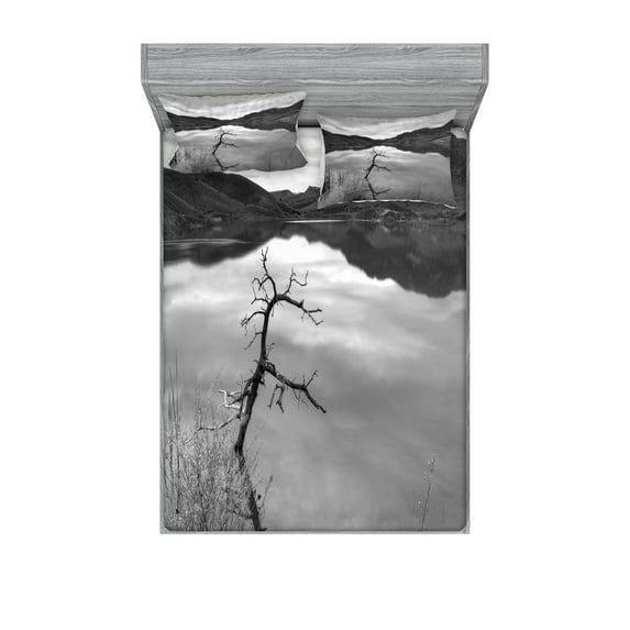 Ambesonne Black and White Fitted Sheet & Pillow Sham Set, Tranquil Lake, Full, Black White Grey