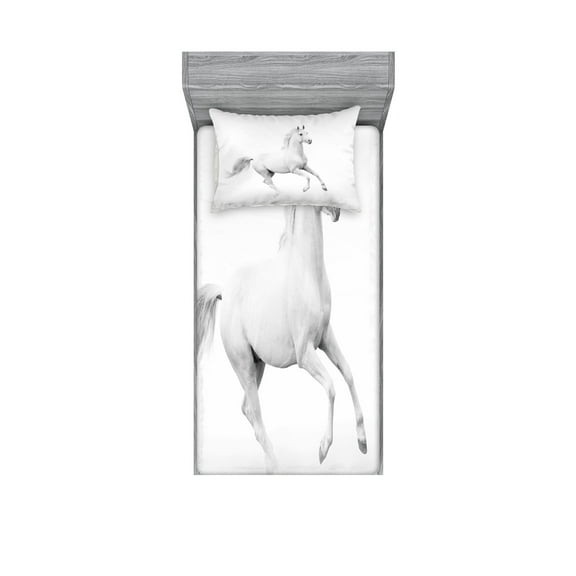 Ambesonne Black and White Fitted Sheet & Pillow Sham Set, White Stallion, Twin, White and Black