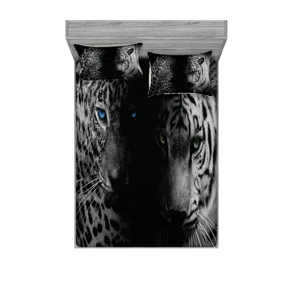 Ambesonne Black and White Fitted Sheet & Pillow Sham Set, Wild Leopards, Calking, Black White Blue