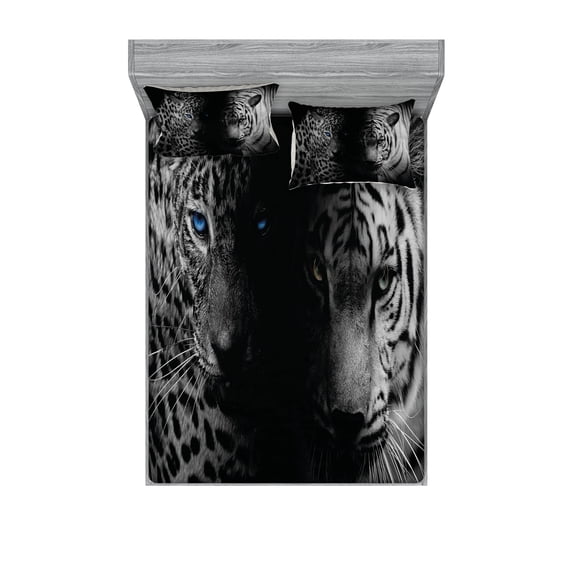 Ambesonne Black and White Fitted Sheet & Pillow Sham Set, Wild Leopards, Full, Black White Blue