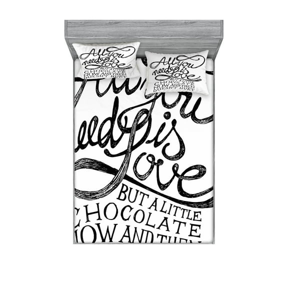 Ambesonne Black and White Fitted Sheet & Pillow Sham Set, Word, Full, White Black