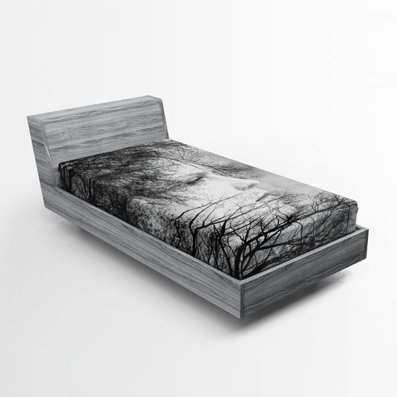 Ambesonne Black and White Fitted Sheet, Woman and Trees, Twin Size, Black and White