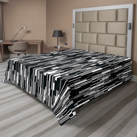Ambesonne Black and White Flat Sheet, Abstract Lines, California King, Black Grey White